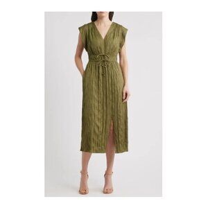 NWT Eliza J Tie Waist V-Neck Midi Dress in Olive, size 14